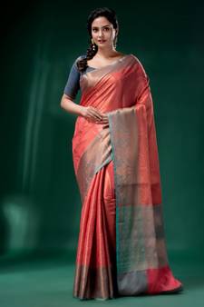 Peach Blended Silk Brocade handwoven soft saree