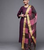 Indo Era Purple Solid Straight Kurta Trouser With Dupatta Set