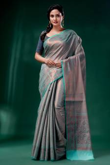Turquoise Blue Blended Silk Brocade handwoven soft saree
