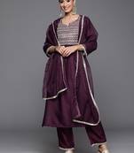 Indo Era Purple Solid Straight Kurta Trouser With Dupatta Set