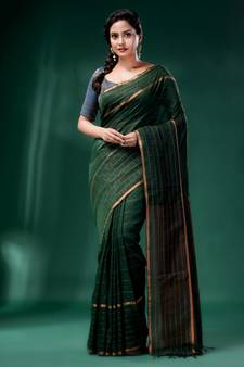 Bottol Green Linen handwoven soft saree
