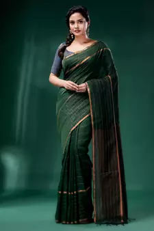 Bottol Green Linen handwoven soft saree