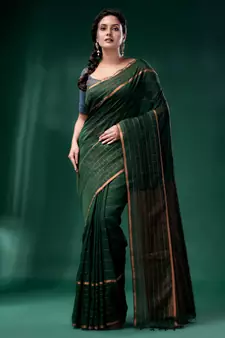 Bottol Green Linen handwoven soft saree
