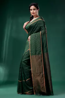 Bottol Green Linen handwoven soft saree