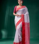 White Silk Linen soft saree with woven design