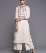 Indo Era Off White Embroidered Straight Kurta Palazzo With Dupatta Set