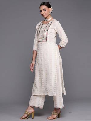 Indo Era Off White Embroidered Straight Kurta Palazzo With Dupatta Set 3