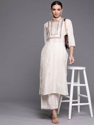 Indo Era Off White Embroidered Straight Kurta Palazzo With Dupatta Set 4