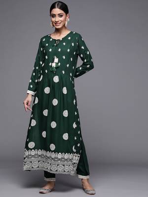 Indo Era Bottle Green Embroidered Straight Kurta With Trouser Set 1