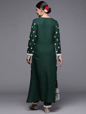 Indo Era Bottle Green Embroidered Straight Kurta With Trouser Set 2