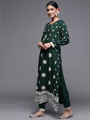 Indo Era Bottle Green Embroidered Straight Kurta With Trouser Set 3