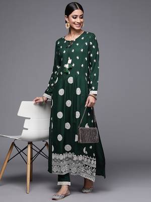 Indo Era Bottle Green Embroidered Straight Kurta With Trouser Set 4