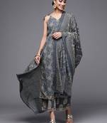 Indo Era Grey Yoke Design Straight Kurta Palazzo With Dupatta Set