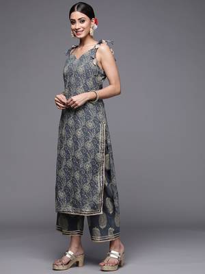Indo Era Grey Yoke Design Straight Kurta Palazzo With Dupatta Set 3