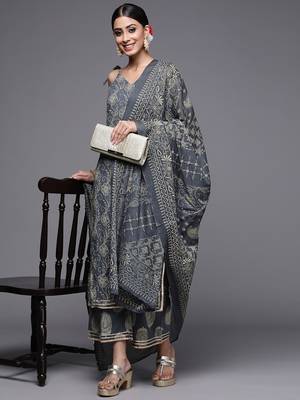 Indo Era Grey Yoke Design Straight Kurta Palazzo With Dupatta Set 4