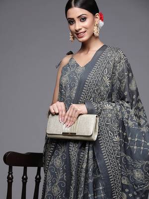Indo Era Grey Yoke Design Straight Kurta Palazzo With Dupatta Set 5