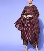 Indo Era Wine Foil Printed A-line Kurta Palazzo With Dupatta Set