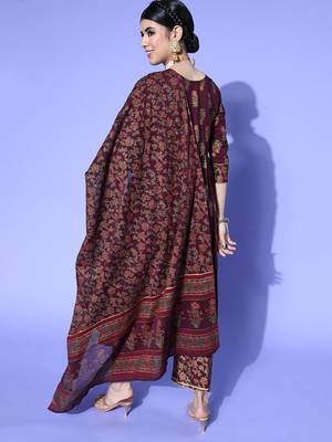 Indo Era Wine Foil Printed A-line Kurta Palazzo With Dupatta Set 2