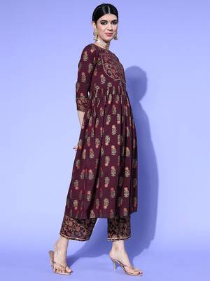 Indo Era Wine Foil Printed A-line Kurta Palazzo With Dupatta Set 3