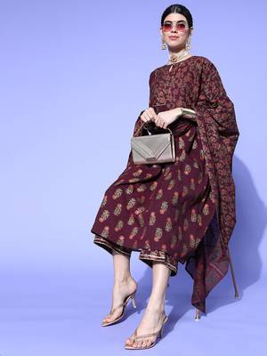 Indo Era Wine Foil Printed A-line Kurta Palazzo With Dupatta Set 4