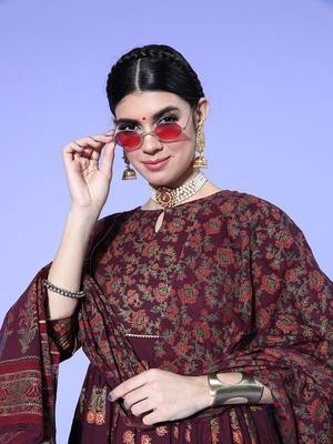 Indo Era Wine Foil Printed A-line Kurta Palazzo With Dupatta Set 5