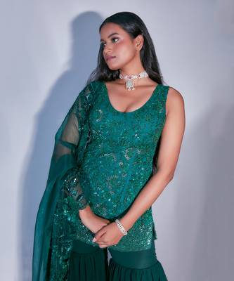 Hand Embroidered Emerald Gharara 4