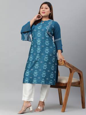 XL LOVE by Janasya Teal printed crepe ethnic-kurtis 1