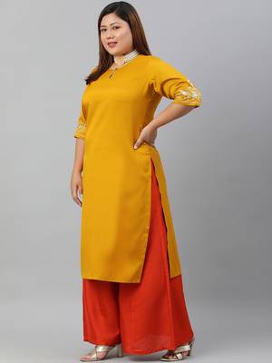 XL LOVE by Janasya Mustard embroidered silk ethnic-kurtis 3