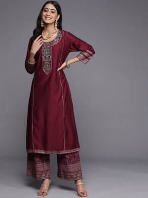 Indo Era Liva Magenta Embroidered Straight Kurta Palazzos Set 1