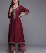 Indo Era Liva Magenta Embroidered Straight Kurta Palazzos Set