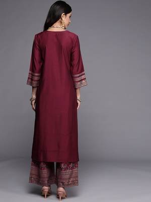 Indo Era Liva Magenta Embroidered Straight Kurta Palazzos Set 2