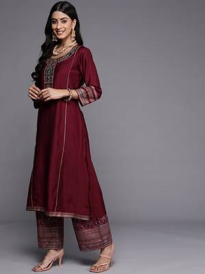 Indo Era Liva Magenta Embroidered Straight Kurta Palazzos Set 3