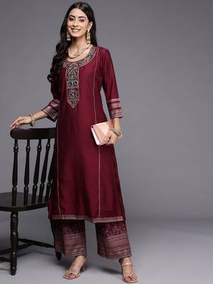 Indo Era Liva Magenta Embroidered Straight Kurta Palazzos Set 4