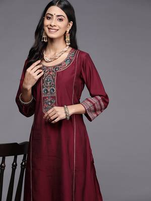 Indo Era Liva Magenta Embroidered Straight Kurta Palazzos Set 5