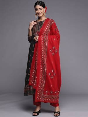 Indo Era Black Printed A-Line Kurta Palazzos With Dupatta Set 1