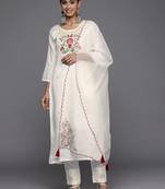 Indo Era Cream Embroidered Straight Kurta Trousers With Dupatta Set