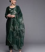 Indo Era Green Embroidered Straight Kurta Trousers With Dupatta Set
