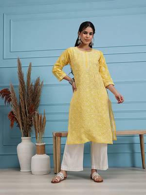 Hand Embroidered Yellow Cotton Lucknowi Chikankari Women Trendy Kurta 1