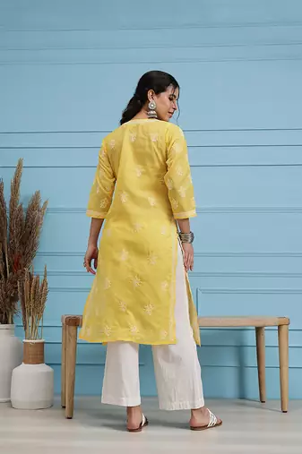 Hand Embroidered Yellow Cotton Lucknowi Chikankari Women Trendy Kurta