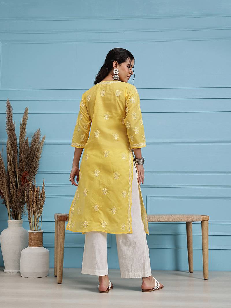 Hand Embroidered Yellow Cotton Lucknowi Chikankari Women Trendy Kurta