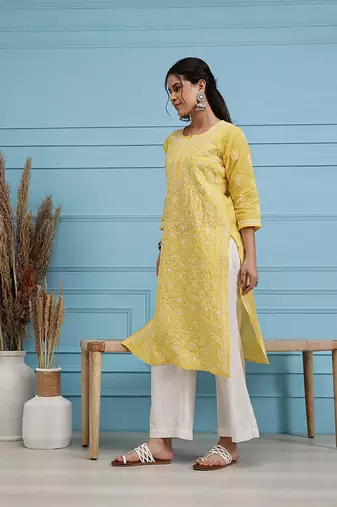 Hand Embroidered Yellow Cotton Lucknowi Chikankari Women Trendy Kurta