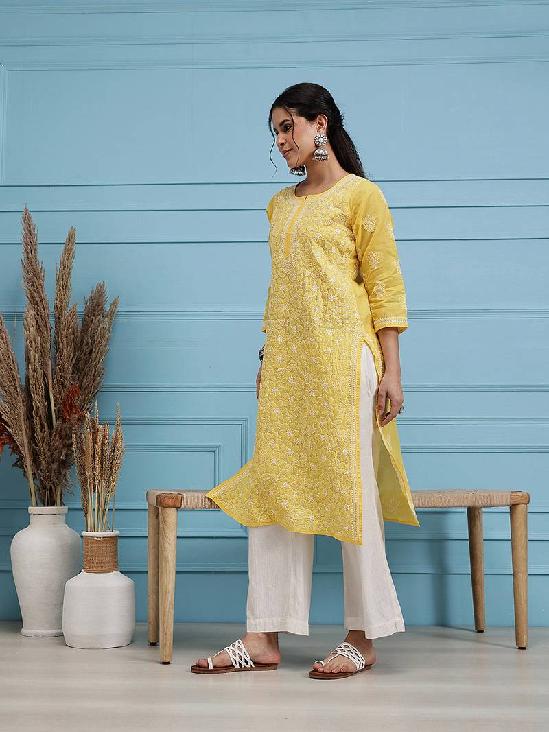 Hand Embroidered Yellow Cotton Lucknowi Chikankari Women Trendy Kurta