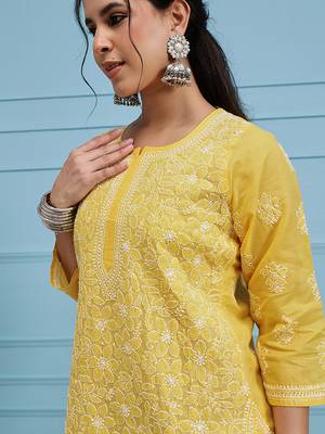 Hand Embroidered Yellow Cotton Lucknowi Chikankari Women Trendy Kurta 4