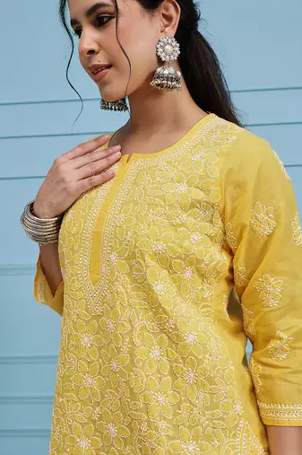 Hand Embroidered Yellow Cotton Lucknowi Chikankari Women Trendy Kurta