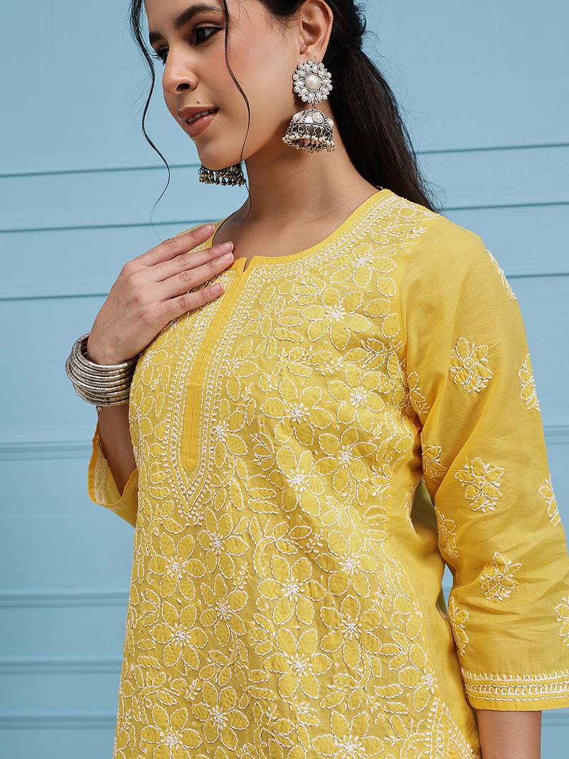 Hand Embroidered Yellow Cotton Lucknowi Chikankari Women Trendy Kurta