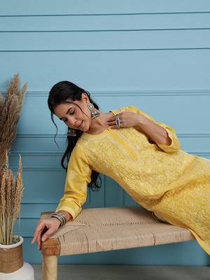Hand Embroidered Yellow Cotton Lucknowi Chikankari Women Trendy Kurta 5