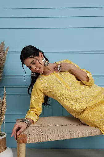 Hand Embroidered Yellow Cotton Lucknowi Chikankari Women Trendy Kurta
