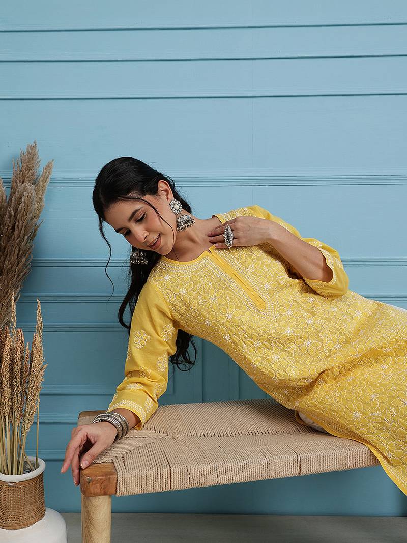 Hand Embroidered Yellow Cotton Lucknowi Chikankari Women Trendy Kurta