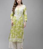 Ada Hand Embroidered Green Cotton Lucknow Chikan Women Kurta - A411352