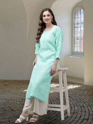 Women Hand Embroidered Sea Green Cotton Lucknowi Chikankari Kurta 1